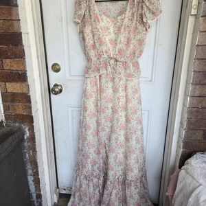Cream and White Ruffled Maxi Sundress with Flutter Sleeves